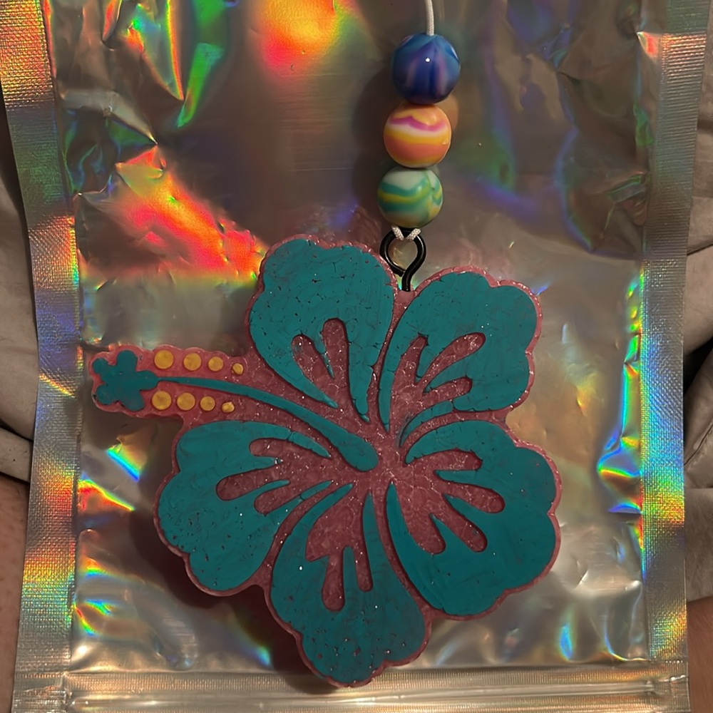 Blue and Pink Hibiscus Shaped Car Freshie